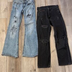 Aeropostale Women’s Light Blue and Black Distressed Flare Jeans 00 Jeans